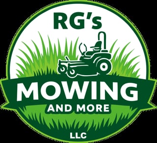 RGs Mowing and More LLC logo featuring a green riding lawnmower on grass with a banner design